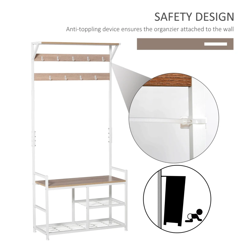 HOMCOM 3-in-1Hall Tree Entryway Coat Rack Shoe Bench with 9 Hanging Hooks, 3-Tier Storage Shelves, Multifunctional Hallway Organizer Natural/White