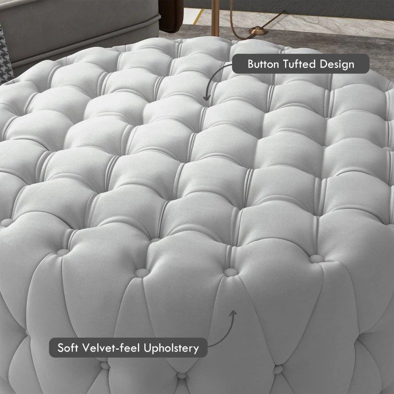 HOMCOM Round Ottoman Coffee Table with Velvet-feel Upholstery, Button Tufted Design and Padded Seat, Gray