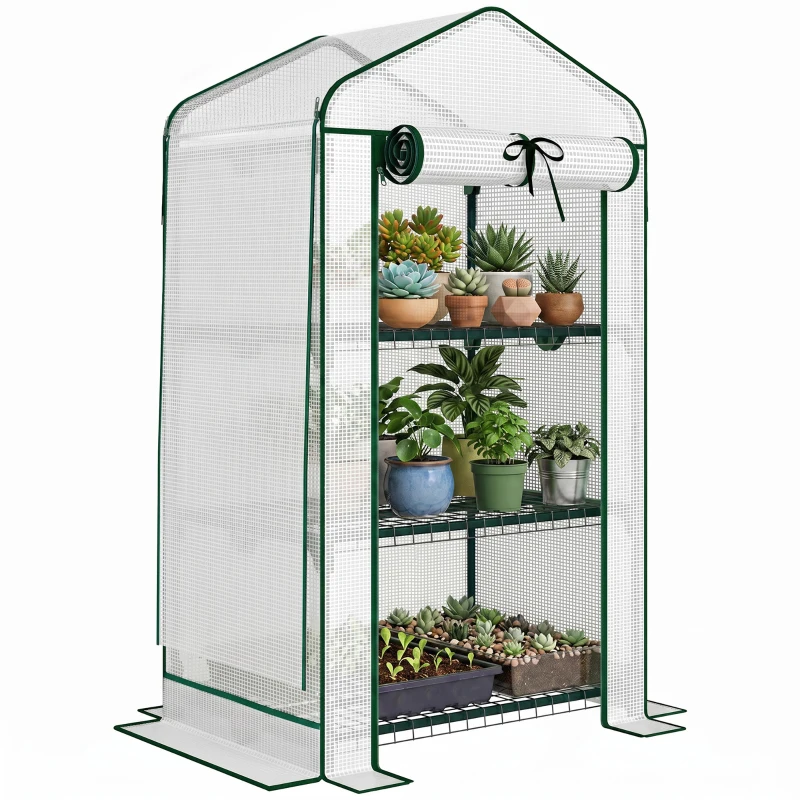 Outsunny Mini Greenhouse with Screen Roof, Portable Small Greenhouse with Roll-Up Zipper Door, 27.6" x 19.7" x 50", White