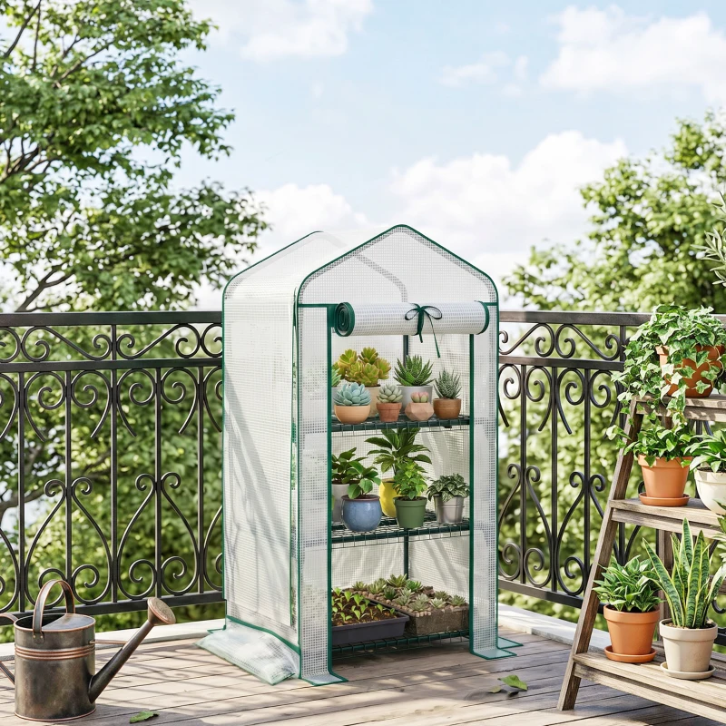Outsunny Mini Greenhouse with Screen Roof, Portable Small Greenhouse with Roll-Up Zipper Door, 27.6" x 19.7" x 50", White