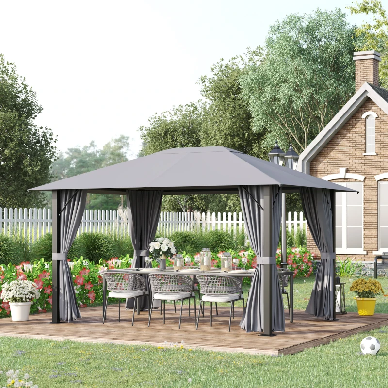 Outsunny 10' x 13' Patio Gazebo Aluminum Frame Outdoor Canopy Shelter with Sidewalls, Vented Roof for Garden, Lawn, Backyard, and Deck, Gray