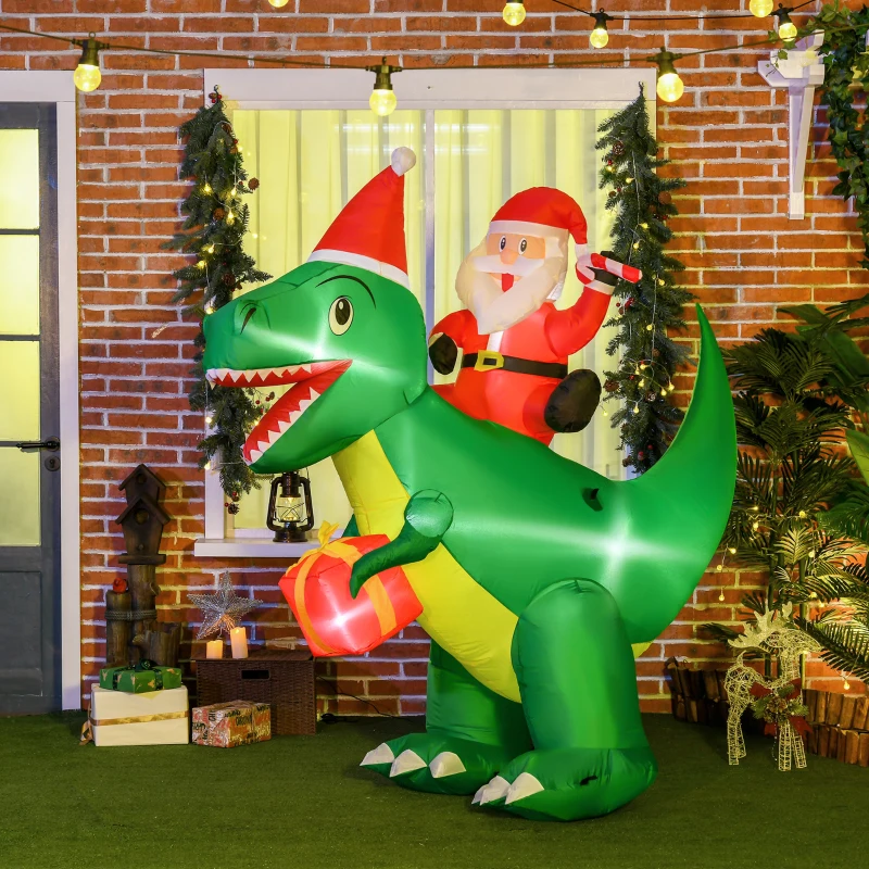 HOMCOM 6ft Christmas Inflatable Santa Claus Riding Dinosaur for Outdoor, Yard Blow Up Decoration with LED Lights for Party