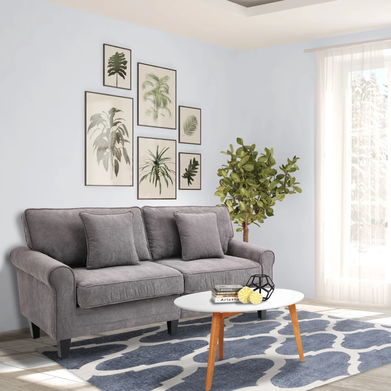 HOMCOM Modern 3 Seater Sofa, Corduroy Fabric 3 Seater Couch with Pine Wood Legs and Rolled Armrests for Living Room, Light Grey