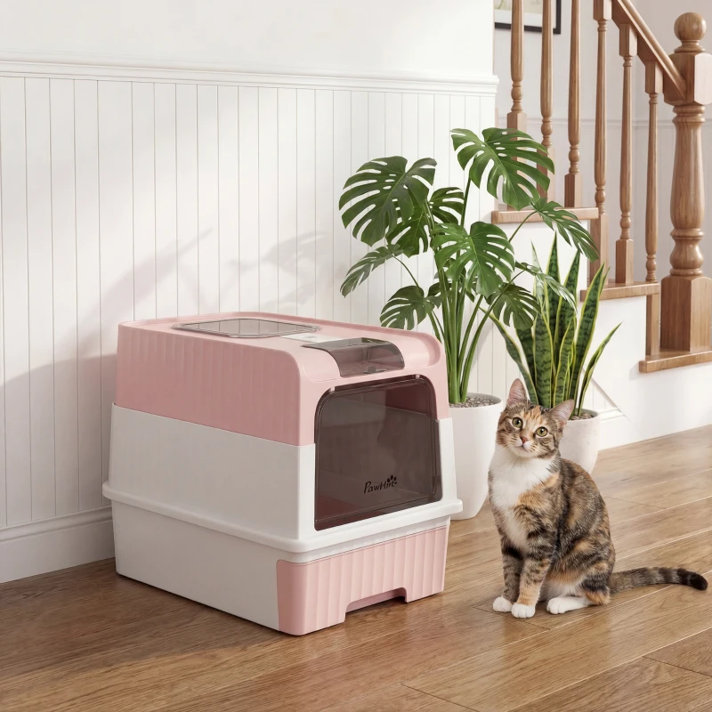 PawHut Cat Litter Box Hooded Cat Litter Tray with Drawer Pan Front Entry & Top Exit Easy Cleaning Pink