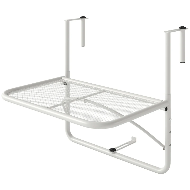 Outsunny Adjustable Balcony Hanging Railing Table, Metal Mounting Mini Wall Desk Storage Rack, Outdoor Flower Stand Serving Table Rectangle, White