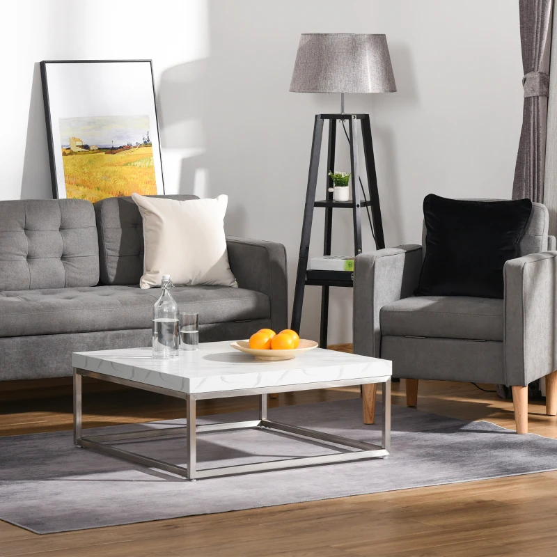 HOMCOM Square Coffee Table with Faux Marble Tabletop, Low Table for Sitting on The Floor, Stainless Steel Frame for Living Room, White