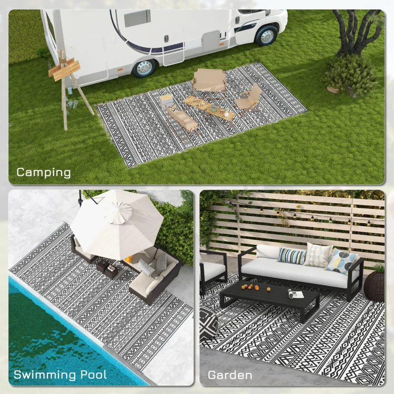 Outsunny Reversible Outdoor Rug Carpet RV Camping Rugs with Carry Bag, 9' x 18', Gray & Cream White Boho