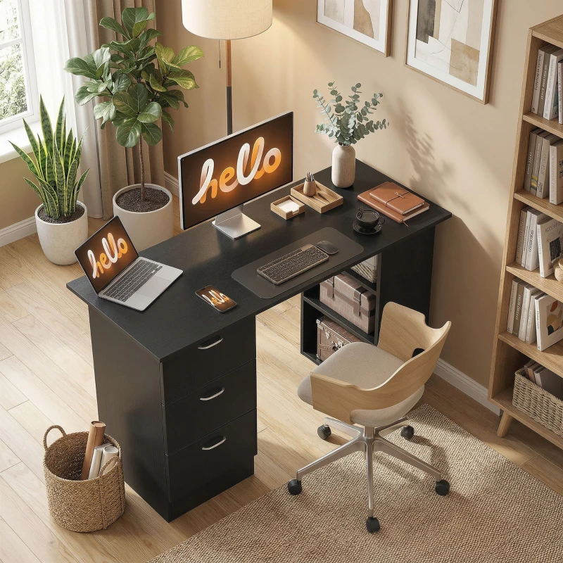 HOMCOM Computer Desk, 47" Writing Table with 3-Tier Shelves and 3 Reversible Drawers for Home Office, Bedroom, Black