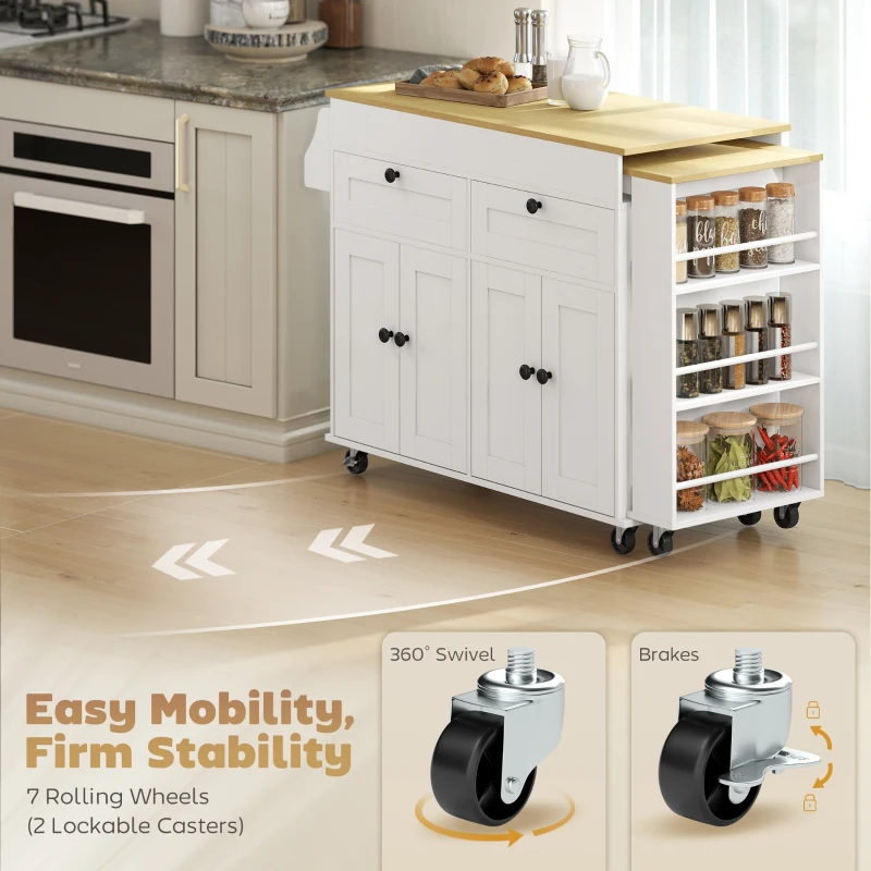 HOMCOM Kitchen Island with Sliding Expandable Top, Rolling Kitchen Cart with Drawers, Cabinets & Spice Rack, White