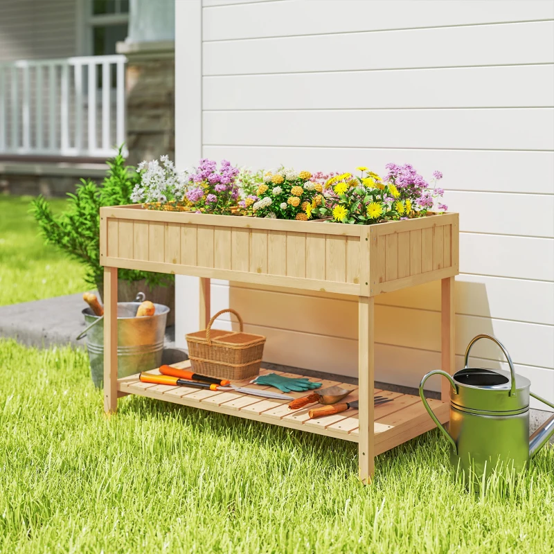 Outsunny 43x18x30in Raised Garden Bed with 8 Pockets and Shelf, Wooden Elevated Planter Box with Legs to Grow Herbs, Vegetables, and Flowers, Natural