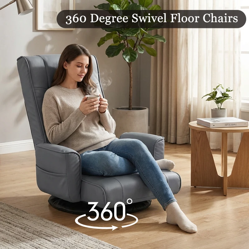 360 Degree Swivel Floor Chairs for Adults, Faux Leather Gaming Floor Chair with Back Support, 14 Angles Adjustable Comfortable Floor Lounge Chair Folding Video Game Chairs Office Bedroom
