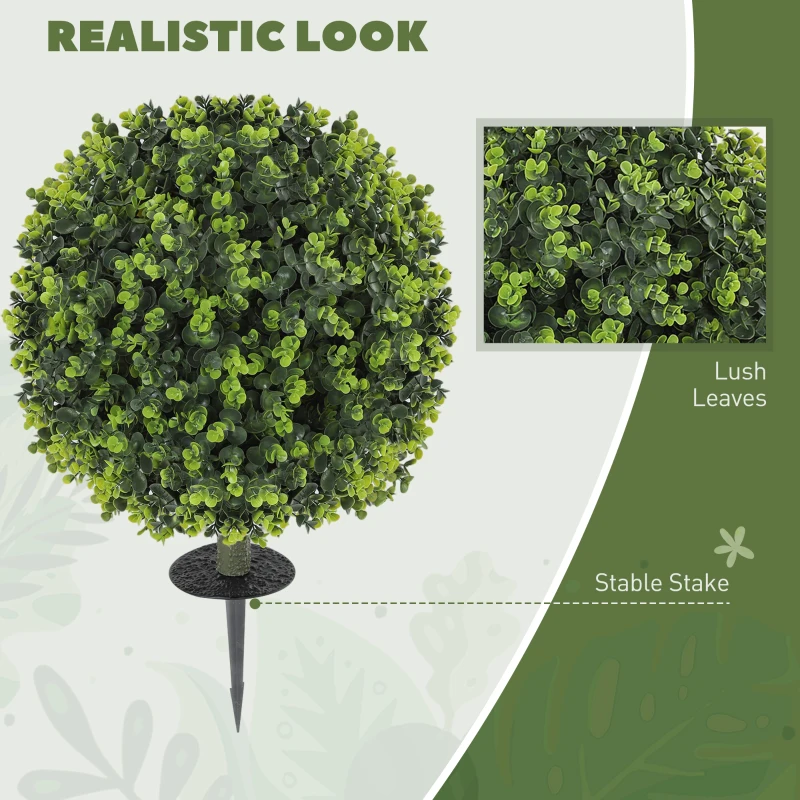 HOMCOM 2 Pack 1.3ft Artificial Ball Eucalyptus Topiary with Ground Stake, UV Resistant Faux Greenery for Indoor Outdoor