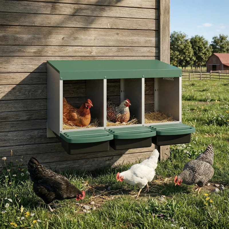 PawHut Chicken Nesting Boxes, 3 Compartment Metal Nesting Boxes for Chicken Coop, Egg Laying Boxes with Lid Cover