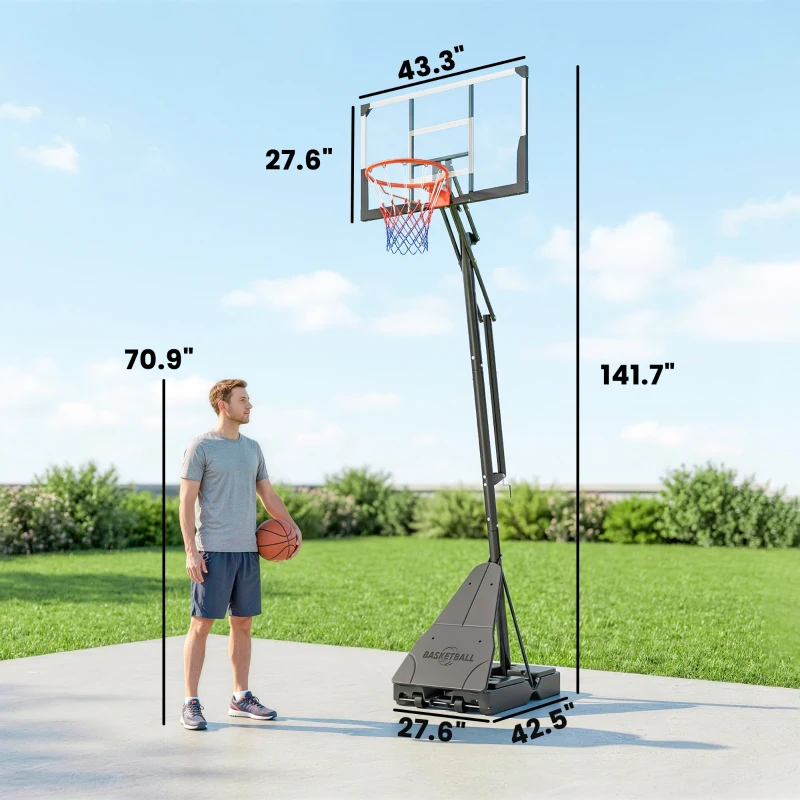 Soozier Portable Basketball Hoop Outdoor, 8-10ft Adjustable Basketball Goal, 43 Inch Shatterproof Backboard, Hand-Crank Lift