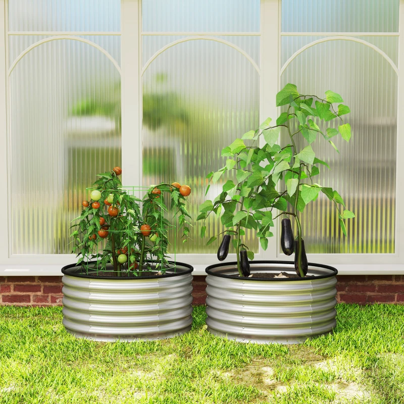 Outsunny Set of 2 Raised Garden Bed, Metal Planter Box with Safety Edging, Easy-to-assemble Stock Tank 3'x3'x1.4' Silver