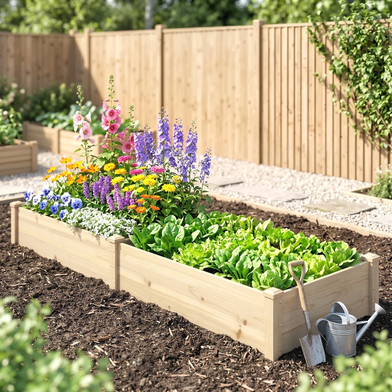 Outsunny 96" x 24" x 10" Wooden Raised Garden Bed with 2 Planter Boxes and Non-woven Fabric Liner for Patio, Natural