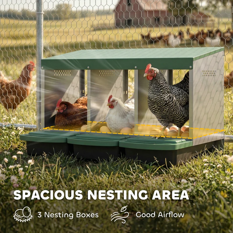 PawHut Chicken Nesting Boxes, 3 Compartment Metal Nesting Boxes for Chicken Coop, Egg Laying Boxes with Lid Cover