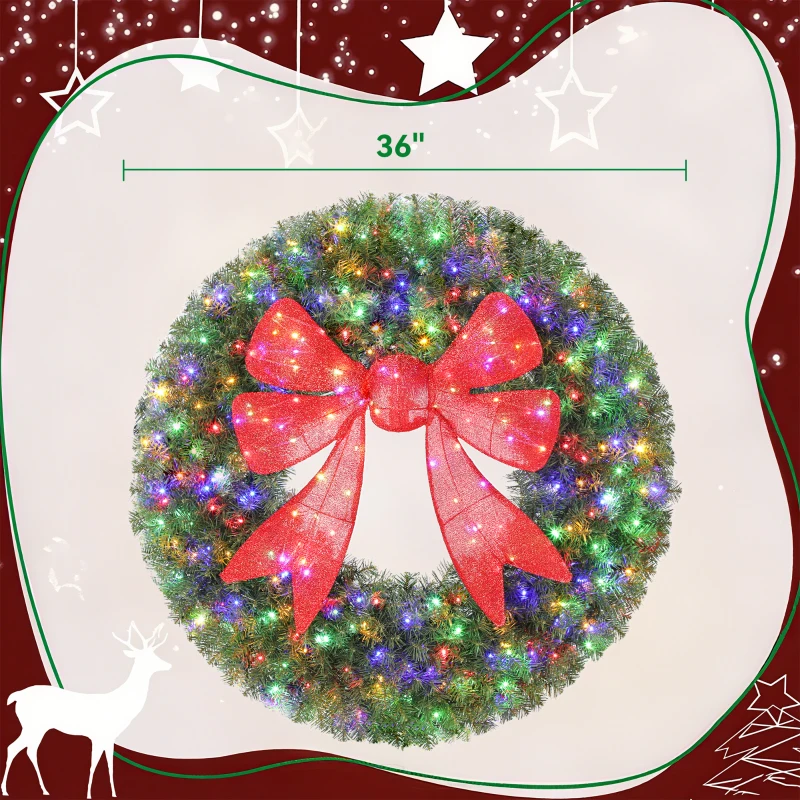 HOMCOM 36in Pre-Lit Christmas Wreath with 3D Red Bow, 11 Lighting Modes, Front Door Christmas Wreath with Remote