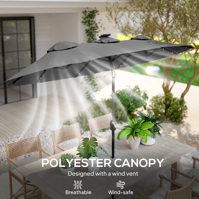 Outsunny Double-sided Patio Umbrella, 9.7' Outdoor Umbrella with Tilt and Crank, LED Solar Light and 12 Ribs, Gray