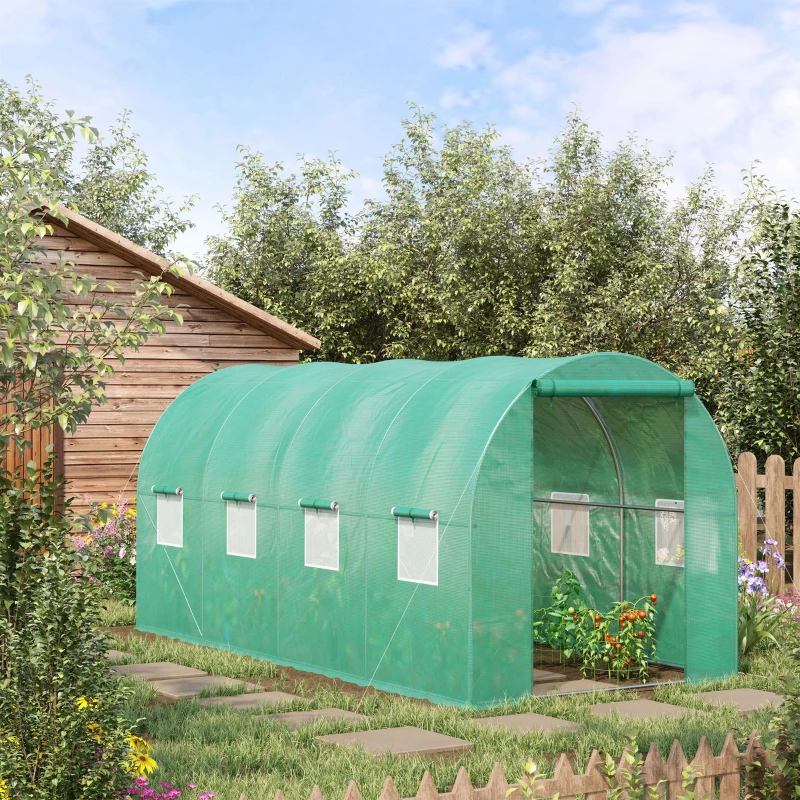 Outsunny 15' x 7' x 6.5' Walk-in Tunnel Hoop Greenhouse, Green House for Outside with PE Cover, Steel Frame, Green