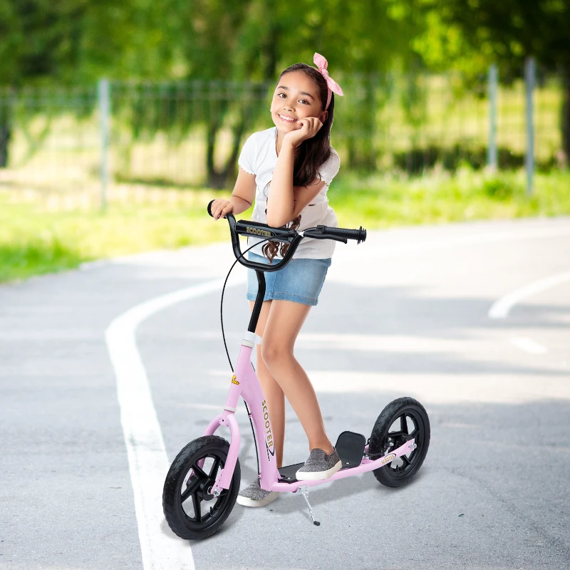 HOMCOM Kick Scooter for Kids 5-12 Years Old with Adjustable Height Handlebar, Non-slip Footplate, Big Wheels, Rear Brake, Pink