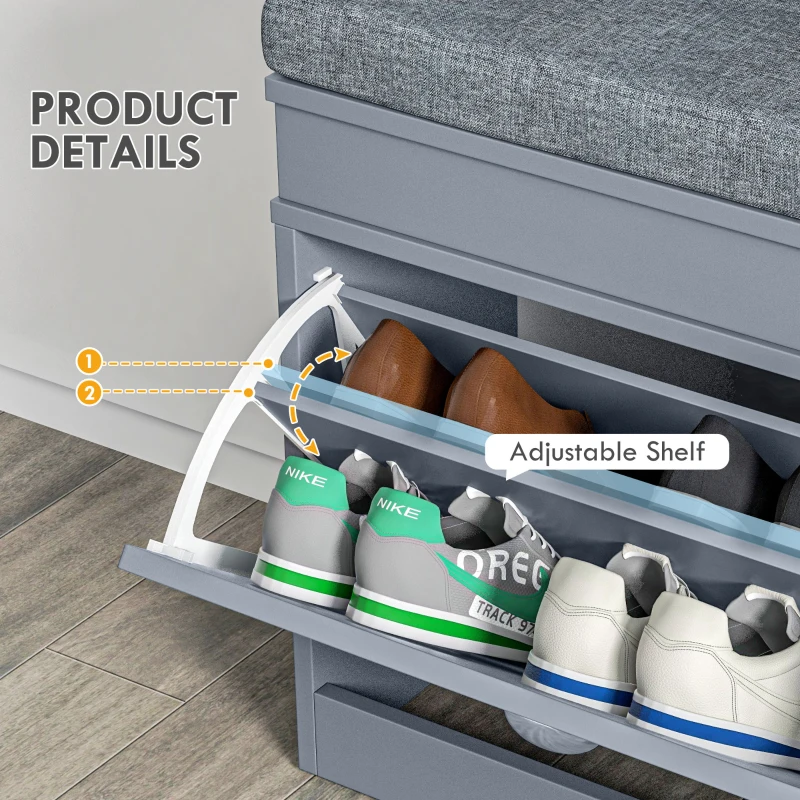 HOMCOM Modern Shoe Storage Bench, Entry Way Bench with Cushion, 2 Drawers, Storage Ottoman Bench, Holds 8 Pairs, Gray
