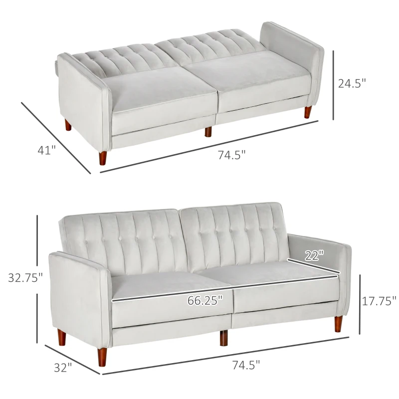 HOMCOM Convertible Sofa Sleeper Futon with Split Back Design Recline, Thick Padded Velvet-Touch Cushion Seating and Wood Legs, Light Grey