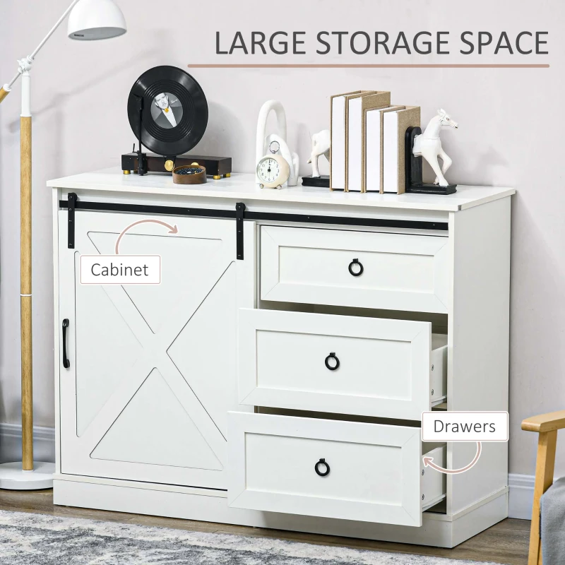 HOMCOM Farmhouse Kitchen Sideboard, Buffet Cabinet with Sliding Barn Door and 3 Storage Drawers for Living Room, White
