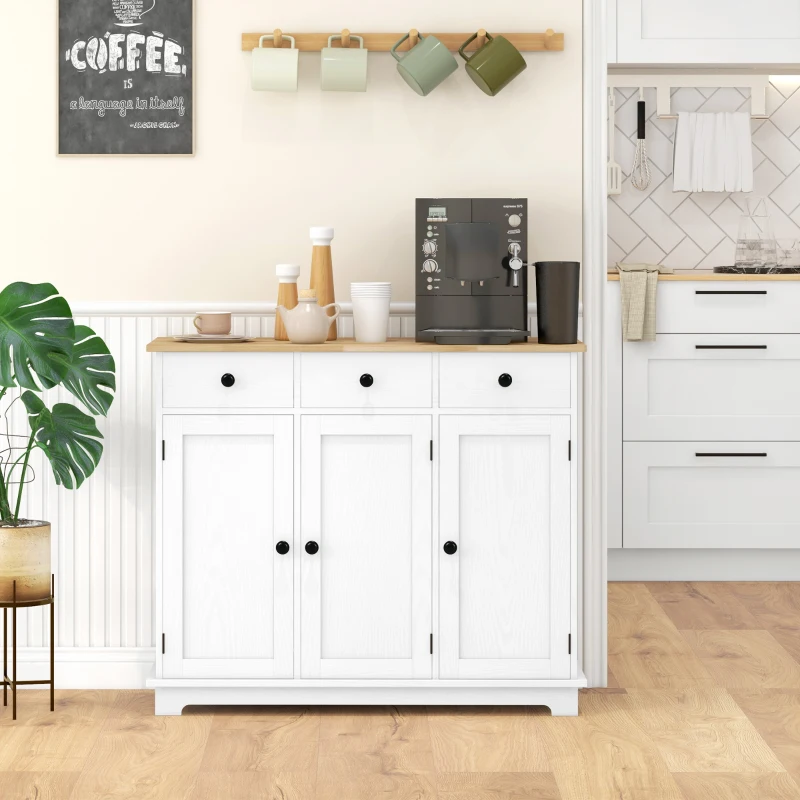 HOMCOM Kitchen Storage Cabinet, Sideboard Floor Cupboard with Solid Wood Top, Adjustable Shelf, and 3 Drawers, White
