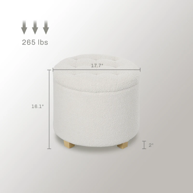 HOMCOM 18" Round Ottoman with Storage, Teddy Fleece Button Tufted Foot Stool with Lid, Wood Legs for Living Room Hallway, White