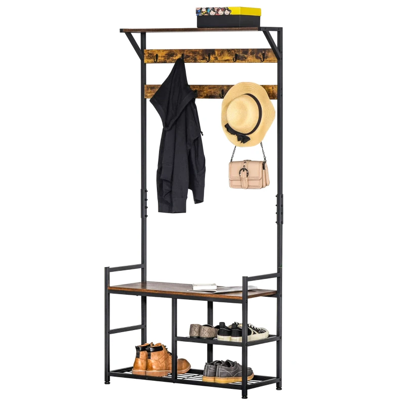 HOMCOM 3-in-1Hall Tree Entryway Coat Rack Shoe Bench with 9 Hanging Hooks, 3-Tier Storage Shelves, Multifunctional Hallway Organizer Brown/Black