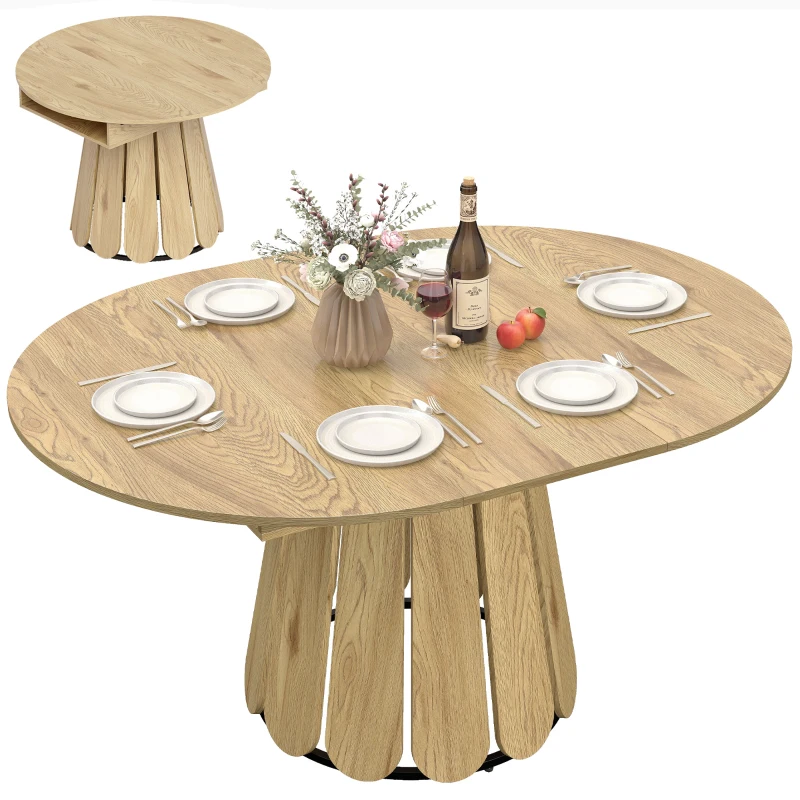 HOMCOM Extendable Dining Table, Round to Oval Convertible Kitchen Table with Storage Shelf for Dining Room, Natural
