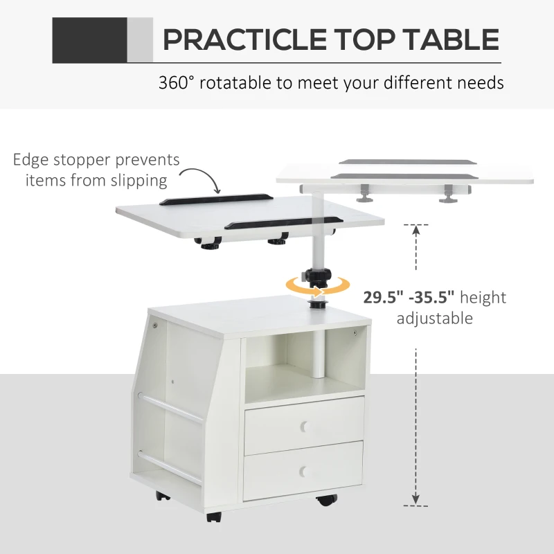 HOMCOM Modern End/Side Table for Living Room with a 360° Adjustable Height Tabletop & Storage Drawers, White