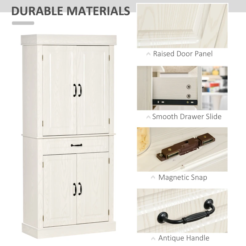 HOMCOM 71" Freestanding Kitchen Pantry Cabinet, Tall Storage Cabinet with 4 Doors and Drawer for Dining Room, Ivory