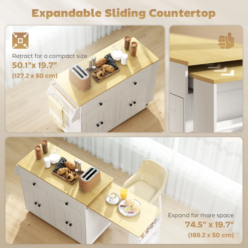 HOMCOM Kitchen Island with Sliding Expandable Top, Rolling Kitchen Cart with Drawers, Cabinets & Spice Rack, White