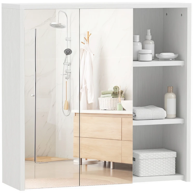 HOMCOM Bathroom Medicine Cabinet with Mirror, Wall Mount Mirror Cabinet with Open Shelves, White Wood Grain