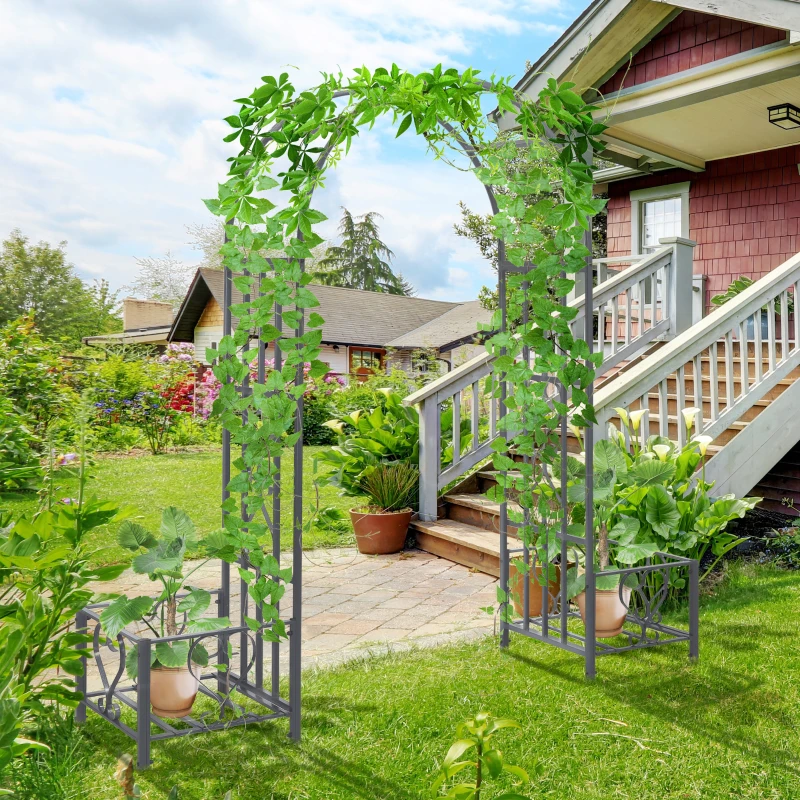 Outsunny 6.7' Steel Garden Arch Arbor with Scrollwork Hearts, Planter Boxes for Climbing Vines, Ceremony, Weddings, Party, Backyard, Lawn, Gray