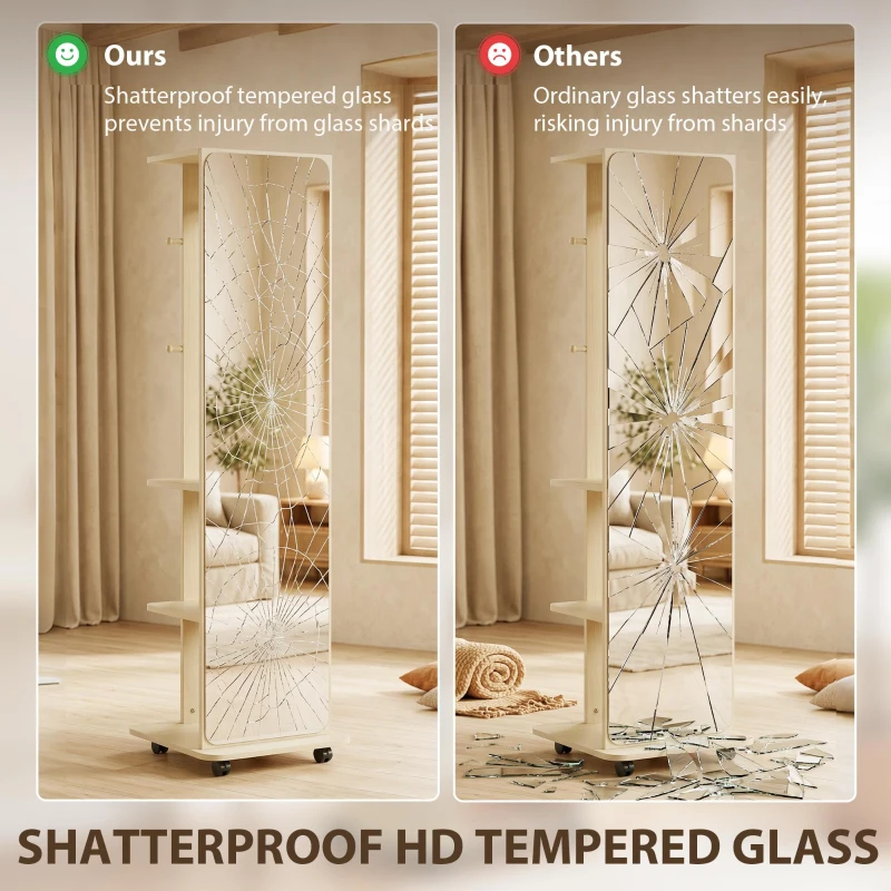 HOMCOM 15" x 62" Full Length Mirror, Tempered Glass Floor Mirror on Wheels with Storage Shelves, Coat Hangers, Natural Wood