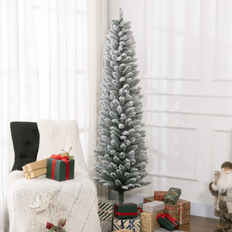 HOMCOM 6ft Artificial Christmas Tree, Snow Flocked Branches, Metal Base, Pencil Xmas Tree