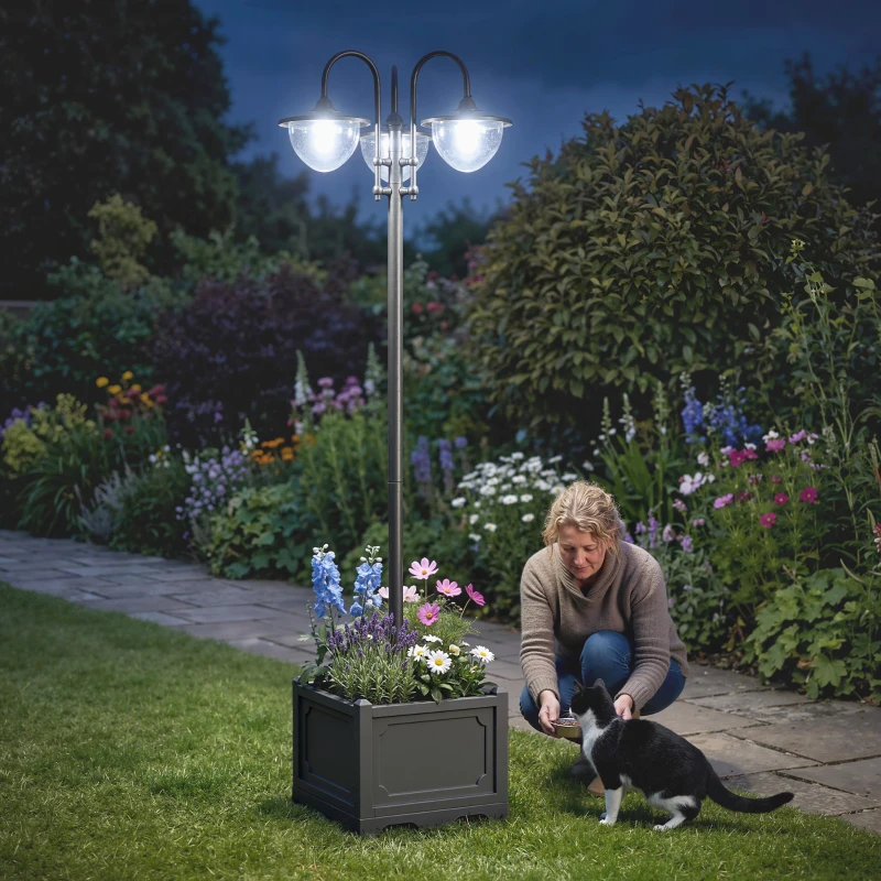 Outsunny 74.5" 3-head Solar Lamp Post Light with Planter, Solar Pole Lights Outdoor Waterproof LED Lighting for Backyard Pathway Patio Lawn Driveway Decor, Black