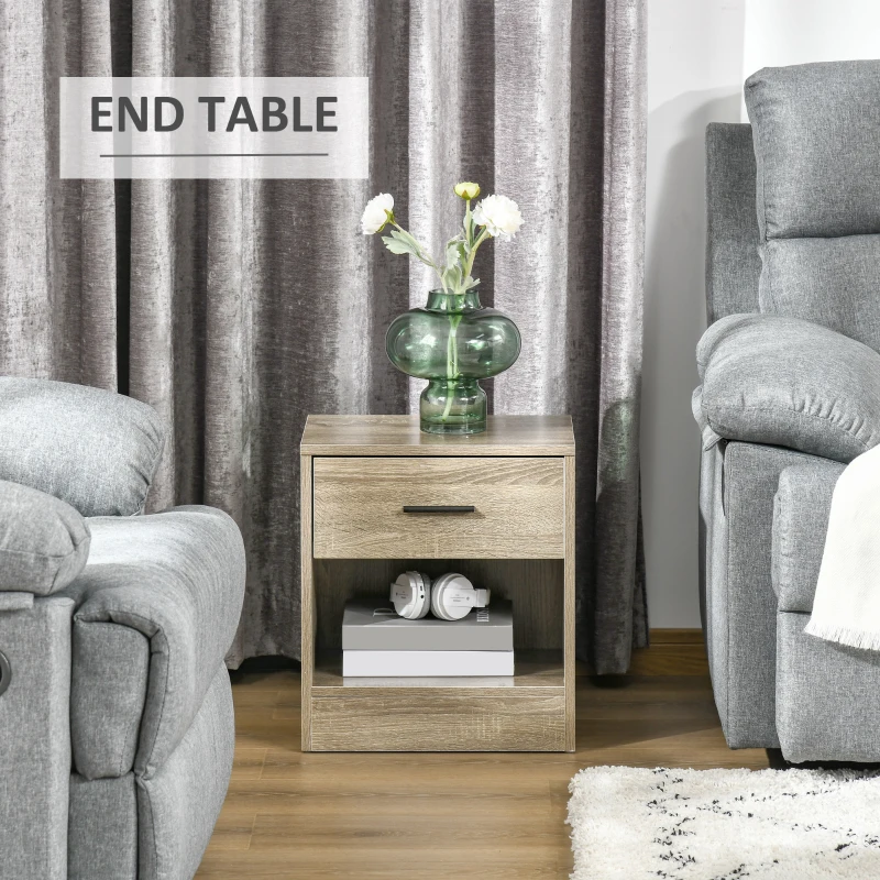 HOMCOM Modern Side Table with Drawer and Storage Shelf, End Table for Living Room, Gray Wood Grain