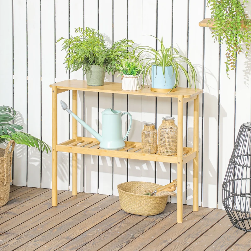 HOMCOM Bamboo Shelf, 2-Tier Storage Shelf, Plant Flower Stand for the Bathroom, Kitchen and Living Room Storage, Natural