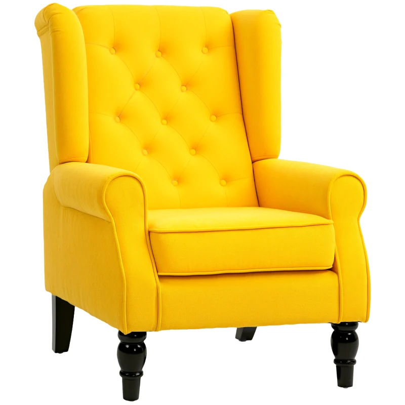 HOMCOM Wingback Accent Chair for Living Room, Button-Tufted Lounge Chair with Round Armrests and Wood Legs, Yellow