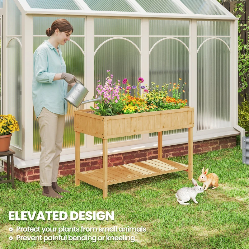 Outsunny 43x18x30in Raised Garden Bed with 8 Pockets and Shelf, Wooden Elevated Planter Box with Legs to Grow Herbs, Vegetables, and Flowers, Natural