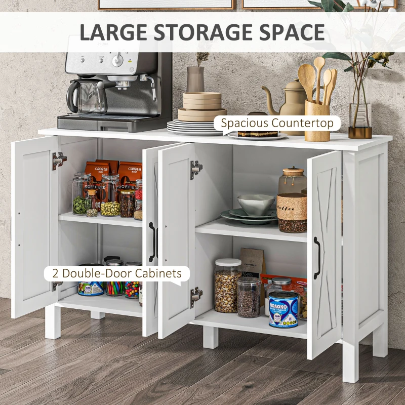 HOMCOM Sideboard Buffet with 4 Barn Doors and 2 Adjustable Shelves, Kitchen Buffet Cabinet for Living Room, Hallway, White