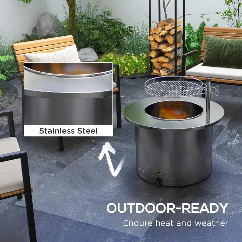 Outsunny 2-in-1 Smokeless Firepit, Stainless Steel Bonfire Stove with Poker and Ash Tray for Backyard, Patio, Picnic, Silver