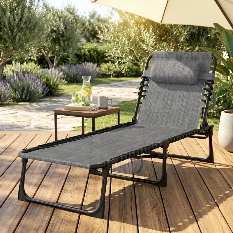 Outsunny Folding Chaise Lounge Chair Outdoor, Sun Tanning Chair with Side Pocket, Carrying Strap, Portable Patio Beach Lounger with 5-Position Reclining Back, Headrest for Pool, Camping, Yard, Gray