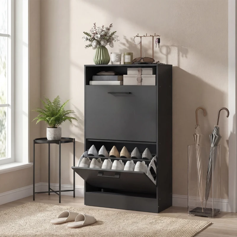 HOMCOM Shoe Cabinet 2 Flip Drawers Adjustable Dividers Shoe Storage Cabinet Top Shelf Entryway Black