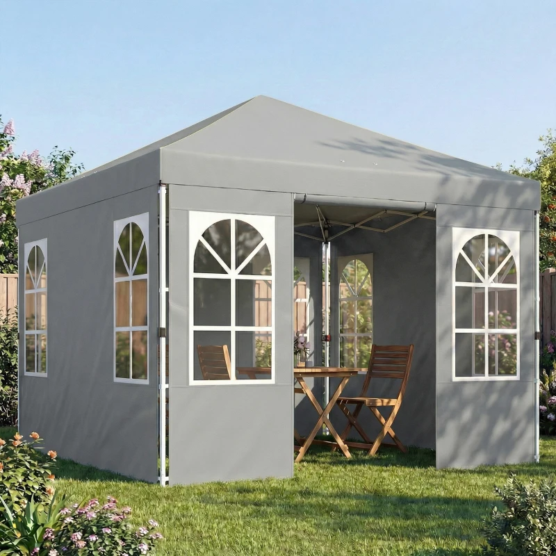 Outsunny 9.6 x 9.6 ft Pop Up Canopy Tent with 4 Sidewalls, UPF 50+ 1-Button Push Easy Setup Outdoor Instant Canopy, Light Grey