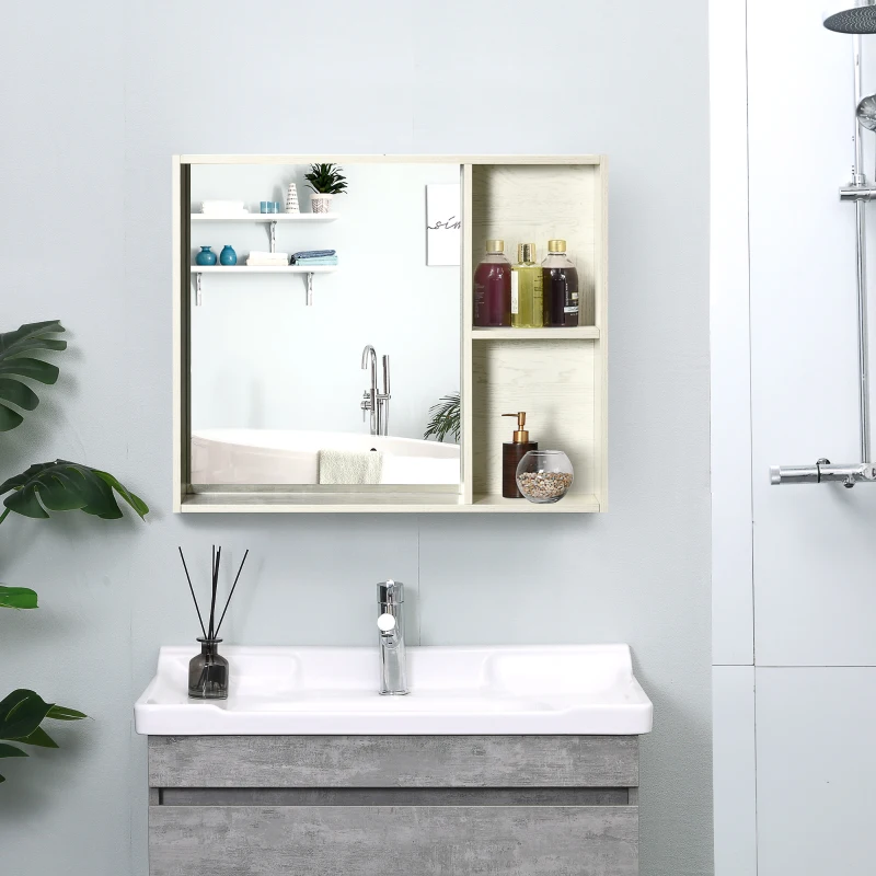 kleankin 31.5" x 25.5" Medicine Cabinet with Mirror, 2-Tier Storage Shelf, Wall Mounted Bathroom Cabinet, White